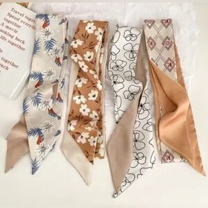 Four Neutral Tan Beige silk Twilly Patterned Scarves